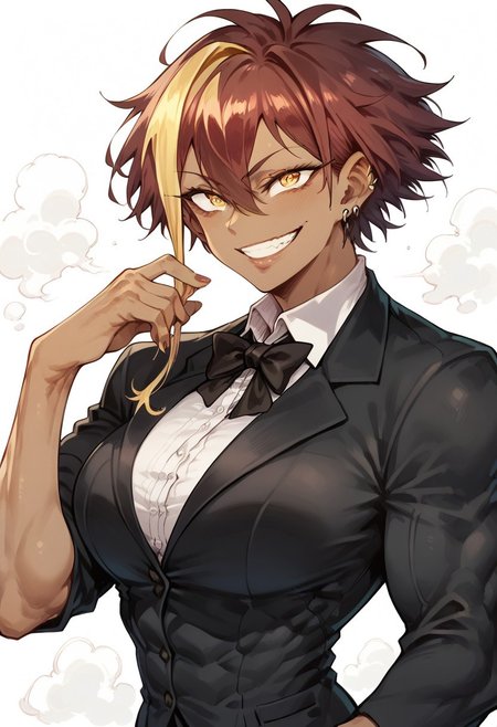score_9, score_8_up, score_7_up, Expressiveh, 1girl, marle barrock, yellow eyes, ringed eyes, muscular female, dark-skinned female, toned female, wide grin, tuxedo