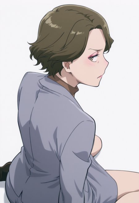 anime screencap, anime coloring,    <lora:DX888Shoko:1>  haimawari shoko, brown eyes, brown hair, short hair, makeup, mature female, wrinkled skin, 
grey blazer, turtleneck sweater, brown sweater, grey skirt BREAK simple background,  white background, BREAK  1girl, arm support,  closed mouth, blush,  from behind,  profile, , looking back,  solo, wariza, from above,