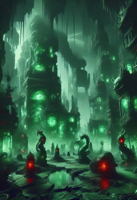 emeraldmorph,fantasy art deco,Cyberpunk city,abyssmerald, dark, haunting, green fog, cave, ruins, red lantern, background fantasy, ancient background, <lora:JJsCyberPunkCity_XL:1>, ((CyberPunk City)), (masterpiece),(high quality), best quality, real,(realistic), super detailed, (full detail),cenery,A mystical emerald valley where ancient magic fuses with future tech: biomechanical titans and cyber-enhanced crystal dragons battle beneath a blood-red moon projecting AR runes. (disintegrating and dissolving into fog and smoke:1.9) A robotic minotaur wreathed in digital flames charges through crystalline data streams, while a majestic cyber-turtle carries both a miniature emerald world and quantum computer on its shell. (blending form with reality:1.9) Techno-shamans cast code-spells from LED-enhanced robes, as chrome-augmented crystal golems guard digital ley lines. A towering emerald mech-dragon, scales shifting between runes and binary, coils around a crystal spire network hub, while digital familiars and drones dance through neon mist where technology and sorcery merge into one.
