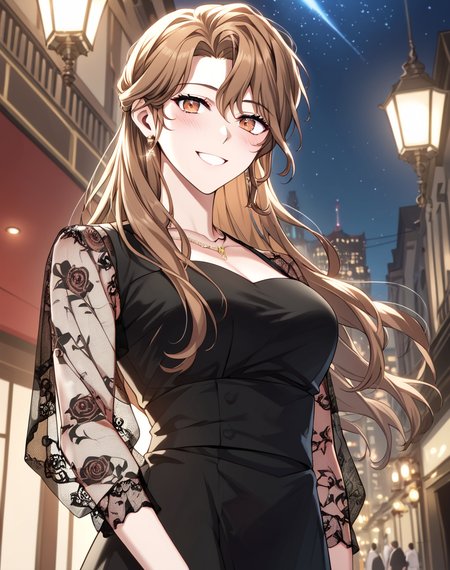 arin_seo, brown hair, long hair, brown eyes, jewelry, earrings,necklace, see-through sleeves, dress, black dress, elegant clothes BREAK outdoors, city, night, starry sky, cowboy shot, smile, blush, looking at viewer BREAK score_9, score_8_up, score_7_up, source_anime ,zPDXL,<lora:Arin_Seo:0.8>, manhwa, solo