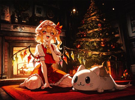 1girl,flandre_scarlet, :3, :d ,ascot, barefoot ,blonde_hair ,blush, collared_shirt , crystal_wings, fang, frilled_skirt, frills, hand_on_own_chin ,hat, hat_ribbon, heart ,looking_at_viewer ,mob_cap ,multicolored_wings, open_mouth ,puffy_short_sleeves, puffy_sleeves ,red_eyes ,red_ribbon, red_skirt ,red_vest ,ribbon ,shirt ,short_hair ,short_sleeves,itting ,skir,t skirt_set ,smile, solo, vest ,white_hat, white_shirt ,wings ,yellow_ascot,
chrlib, scenery, indoors, living room, night, oven, christmas tree, christmas ornaments, red carpet,
, Fishine,ireading ,noya_makoto ,quasarcake, retro_artstyle, retro,looking_at_viewer ,
masterpiece, best quality, amazing quality, very aesthetic, absurdres,  newest, <lora:ponyv5_noobE11_1_adamW:0.6>, <lora:add-detail-xl:0.5>, <lora:cfg_scale_boost:0.5>, <lora:retro_scifi_artstyle:0.6>, <lora:USNR STYLE_XL_loha:0.6>, <lora:Christmas living room:0.6>