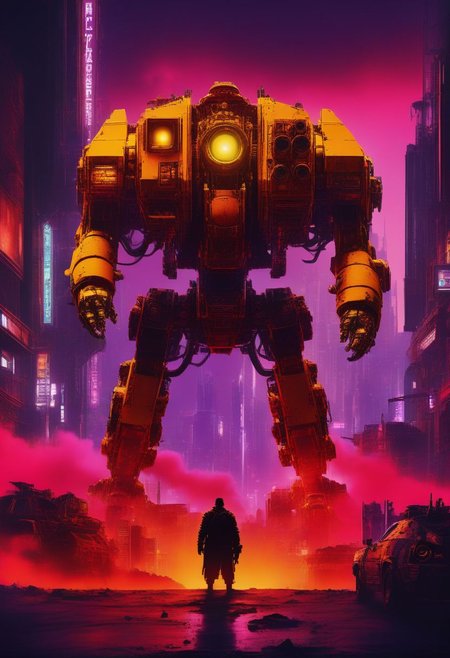 ((masterpiece,best quality)), absurdres, hyper realistic detailed render, 
a big yellow drdnght machine with rocket launcher and flamethrower, 
game asset, cinematic, movie poster, warm colors, red theme,  purple fog, 
night, building, city, cityscape, cable, monitor, cyberpunk, neon lights, silhouette,