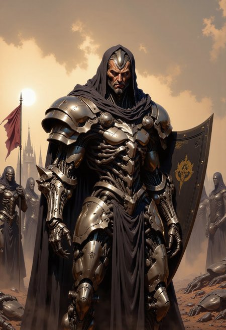 in the style of artics, highest details, ultra hyper realism. highly detailed and realistic. intricate and highly professional artwork, an absolute masterpiece.
Imagine an image of a battle-worn knight, his ornate steel armor covered in deep gashes and dried blood, dented from countless battles, standing in a mud-soaked medieval battlefield at the break of dawn. His right hand grips a massive longsword, the hilt wrapped in fraying leather, while his left arm clutches a broken shield emblazoned with a faded heraldic emblem. His face, partially shadowed by his helmetas raised visor, reveals a solemn expression with a scar running down his left cheek and weary, piercing blue eyes staring at the horizon. The ground is littered with shattered weapons, fallen banners, and the bodies of soldiers, while a cold wind stirs the tattered remains of a crimson war flag caught on a jagged spear. Thick clouds of morning fog cling to the ground, illuminated by the soft golden light of a rising sun cutting through the mist. The far-off silhouette of a smoldering castle stands against the gray sky, smoke curling from its ruined towers. The image is hyper-realistic with heavy chiaroscuro lighting emphasizing the contrast between the golden dawn and the battlefieldas murky depths.
