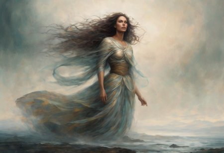 Wind Whisperer woman, controlling air currents, floating gracefully. megalithic structures. muted in color with subtle tones and is an intense fusion of raw emotion and visceral imagery style.
