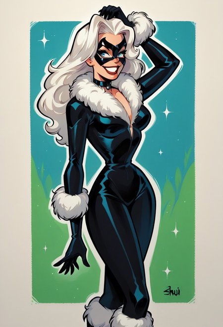 score_9, score_8_up, score_7_up, score_6_up, score_5_up,  1girl, BlackCat, white hair, long hair, mask,  fur collar, blue eyes, black bodysuit, black choker, black footwear, fur trim, gloves, 4rch13, pinup pose, smile, traditional media,