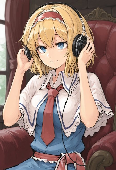 best quality, 
1girl, solo, alice margatroid,
red necktie, red sash, collared capelet,
headphones, listening to music,
raised eyebrows, smile,