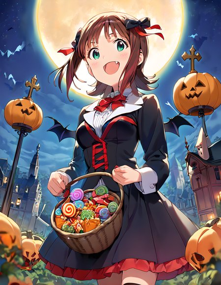 score_9,score_8_up,score_7_up,source_anime,1girl,solo,vampire,fangs,top hat,tuxedo,halloween costume,halloween,trick or treat,swirl lollipop,black legwear,jack-o'-lantern,basket,holding lantern,halloween bucket,holding vegetable,sweets,candy,candy cane,cookie,silhouette,bat,ghost,black cat,pumpkin,castle,pennant,clock tower,church,cross,graveyard,tombstone,coffin,town,gate,bare tree,spider web,night sky,full moon,moonlight,looking at viewer,smile,:d,open your mouth and laugh,light_blush,<lora:AmamiHaruka_pony_v1:0.9>,ammhrk,short hair,medium hair,brown hair,bangs,red hair ribbon,green eyes,medium breasts,