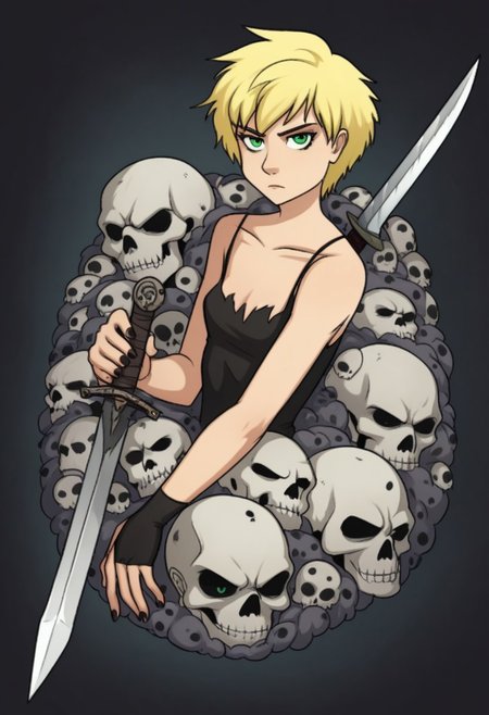 score_9, score_8_up, score_7_up, 1girl, qc, /hannelore/, sexy, short blonde hair, green eyes, skinny, collarbone, giant sword, fierce expression, serious, pile of skulls, barbarian, full body, looking at viewer, sq_celtic