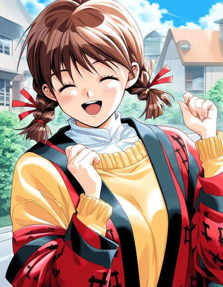 score_9, score_8_up, score_7_up, source_anime, rating_explicit, BREAK <lora:Nagashima_Kumiko_XL:1>Nagashima_Kumiko, brown hair, brown eyes, hair ribbon, red ribbon, twin braids, bangs, short twintails,
1girl, solo, closed eyes, open mouth, outdoors, day, long sleeves, sweater, smile, blush, arm up, ^_^, upper body, happy, yellow sweater, building, haori, hanten (clothes), house, sky, :d, road, facing viewer