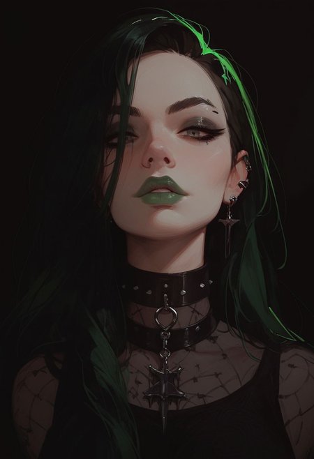 score_9, score_8_up, score_8_up, 1girl, goth girl, long green hair, black bangs:1.2, green lipstick, looking at viewer, long hair, collar, high res image, masterpiece, high contrast shadows