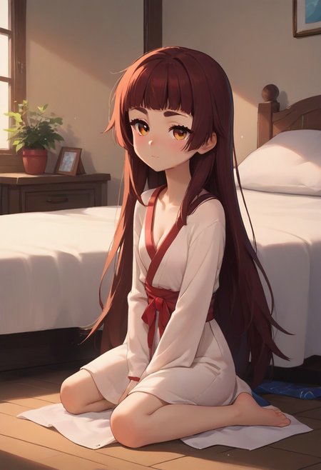 score_9, score_8_up, score_7_up, score_6_up, score_5_up, score_4_up, source_anime, BREAK, Expressiveh, solo, bedroom, kneeling, full body, miko iino, hiyajou maho
