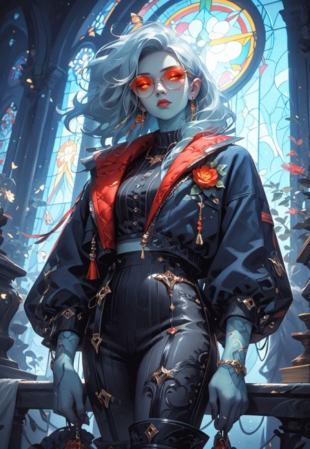 ((zPDXL3)), (score_9), (score_8_up, score_7_up), knva, L0LSPL4SH, year2024, year2023, West Studio, sixmorevodka, g0thicPXL, glowing, neon, HD Eyes, masterpiece, best quality, highly detailed, intricate details, extremely detailed, smooth lines, masterpiece, no text, quality highlights, 8k detail, detailed background, pastel colors, high contrast,expressiveh
BREAK,
Character: 1woman, solo, AirGenasi, pointed ears, wind, tousled hair, tattoos, blue skin, colored skin,
Clothing: Dark-Blue Coat, Dark-Red Lapel, Jodhpur pants, boots, round eyeglasses, brass ear cuff, 
Background: library, stained-glass window, prismatic lighting, colourful, bioluminescent, detailed background, artistic and intricate background
...
<lora:detail-tweaker-XL:2>,