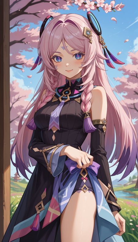score_9, score_8_up, score_7_up, source_anime, ,outdoors,cherry blossoms,standing,cowboy shot,smile, flower field 
 <lora:Citlali:0.8> citlali_(genshin_impact), 1girl, blue eyes, long hair,  black dress, simple background, pink hair, medium breasts, looking at viewer, braid, detached sleeves, hair ornament, multicolored hair, bare shoulders, blush, purple hair