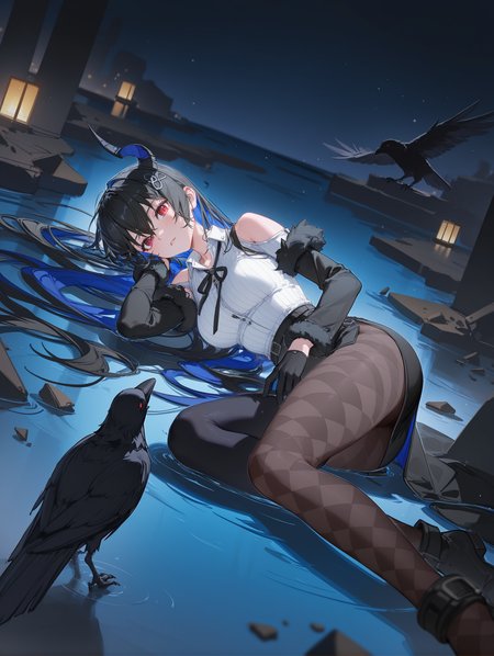 1girl, solo, depth of field, , dark, night, 
hair ornament, black ribbon, fur-trimmed sleeves, black sleeves, collared shirt, white shirt, ribbed shirt, shoulder cutout, black gloves, black skirt, miniskirt, side slit, singe leg pantyhose, checkered pantyhose, black thighhighs, asymmetrical legwear, 
ruin, debris, crow, raven, black feather, laid down, night, dark, water, reflection, from above, 
adult, NerissaRavencroft, colored inner hair, black hair, blue hair, red eyes, slit pupils, uneven horns, long hair, ciloranko, (wanke:0.4), houkisei, realistic style
,masterpiece,best quality,newest,