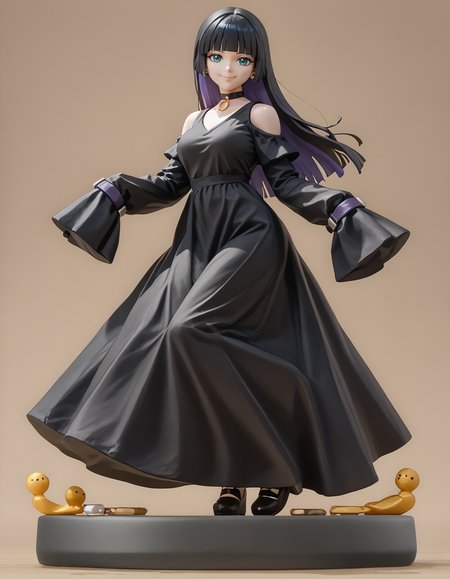 score_9, score_8_up, score_7_up,  amiibo, figure, solo, full body, pasan, colored inner hair, large breasts, ear piercing, chin piercing, hime cut, choker, black dress, long dress, shoulder cutout, sleeves past fingers, smile, closed mouth, light smile  <lora:Amiibo_pdxl_Incrs_v1:1> <lora:Hoseki_BocchiTheRock_Pasan_PDXL_v2:1>