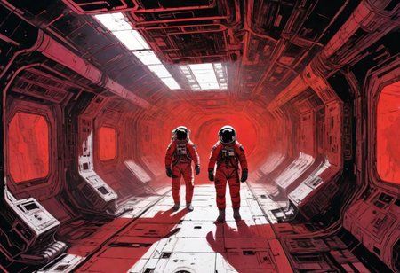 cell shading look, drawn with ink, scifi setting, Panoramic shot, two astronauts walk through derelict corridor of a space station, the corridor is shrouded in red light, it is an abandoned space station, there are missing covers on the wall and many cables and hoses can be seen, derelict