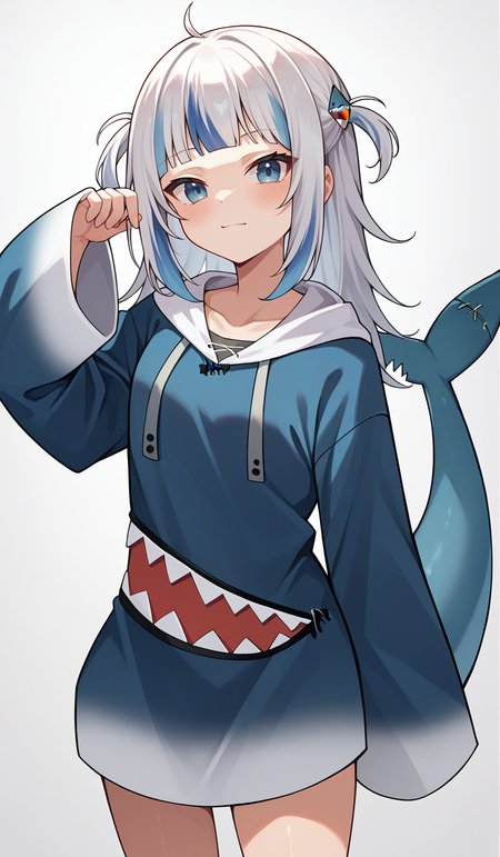 score_9,score_8_up,score_7_up,score_6_up,score_5_up,score_4_up,
1girl, gawr gura, virtual youtuber, two side up, blunt bangs, shark hair ornament, hoodie, wide sleeves, sleeves past wrists, no pants, shark tail,
solo, grey background, simple background, cowboy shot, looking at viewer,
<lora:guraponyxl6:1>