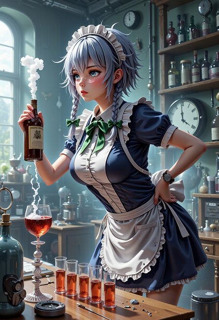 A masterpiece, ultrarealistic, natural colours of morning light, photorealistic scene, intricate interior of a laboratory, rich in detail, chemistry equipment in the background, a clock, (flat chest, lean, small-breasted, tiny tits, bustless, unbuxom, nothing clingy, no make-up, please AI stop that nonsense:2),
flat chested scientist Izayoi Sakuya with intelligent concentrated face with no make-up is leaning over table, holds a wine bottle and pours wine into a row of steaming test tubes lined on the table, petite, slim, slender, short silver hair, twin braids, green bows, green bowtie, practical comfortable blue maid uniform, mid dress, maid headdress, detached collar, white apron, pocket watch, 
<lora:Hand v2:1.1> Detailed hand, Hand, Perfect hand, 
<lora:best_of_flux_v30_rank64_bf16-step01750:1> best_of,