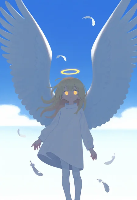 best quality, amazing quality, very aesthetic, absurdres,
BREAK
1girl, long hair, blonde hair, white theme, angel wings, white dress, feathers, sky, detailed background, white background, halo, white pantyhose, spread wings, outstretched, blue sky, cloud,
looking at viewer, yellow eyes, glowing eyes,    <lora:MujiNoob_byKonan:1>
