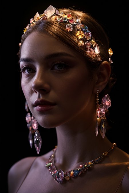 (Colorful crystal cluster with light melding together to form a human girls face and bust:1.2), (skin made out of crystal formations), living crystal. photo, studio lighting, sony a7, 35mm, best quality, masterpiece, 8k, uhd, hyperrealistic, big depth of field, concept art, colors, hyperdetailed, hyperrealistic, (big depth of field), (moody lighting), (ambient light), ((cinematic)), <lora:add_detail:0.6>, <lora:uzaa:0.5>