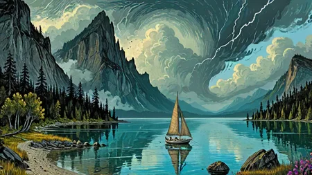 lovecraftian fantasy, D&D, art by Emil Ferris, digital art, landscape of a (one keelboat sailing near the shore of a large lake:1.3) , flora, Raining, Graphic novels, intricate cross-hatching, autobiographical storytelling, horror elements, science fiction, <lora:EnvyPanoramaXL01:1>, fabulous colors, dynamic, deep rich colors, magical atmosphere