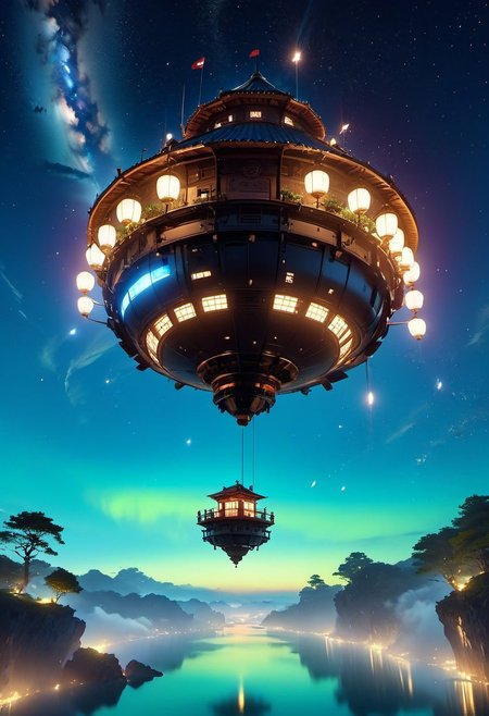 WLOP art style, Ghibli style, outdoors, The island floating in the air, robot metal mechanical machinery, Turn mechanical gears, human, bulding night, meteor star aurora , (low light), top-down view, firefly -ar 9:16, high saturation, high contract