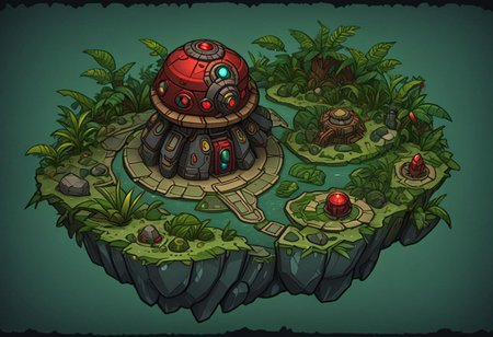 1 island, green to lime color,  jungle, many leafs,  lakes, swamp, (rocky stone ruins:0.8), overgrown wide, plain darkgray to gray background, mecha rusty parts, (((thick outlines:2.2))), (magic gemstone glowing red:1.2)