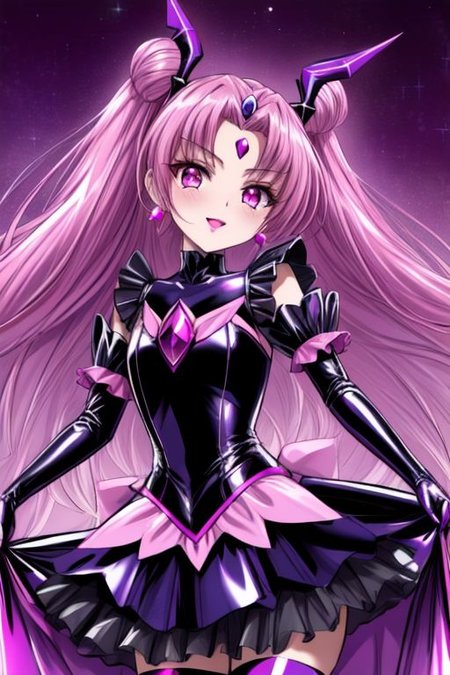 evil corrupted young princess wearing dark pastel (ruffled:1) (gleaming latex:1) EvlSM DarkPrecure Bad_End_Precure gown with (long latex cape:1) and latex elbow bridal gauntlets, (Perfect Face:1), soft lighting, glossy red lips, ruffles,