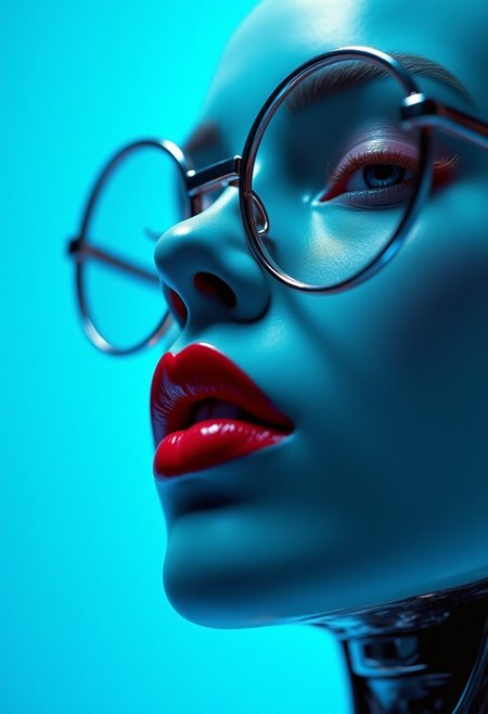 arob,robot,cyborg,metal,steel,cyberpunk,anime,mythp0rt, A close-up shot, portrait orientation, of an androgynous figure against a vibrant cerulean blue background. The lips are painted a hyper realistic, glossy red, contrasting sharply with the cool tones of the glass and skin.  The lighting is ethereal and otherworldly, casting subtle shadows and highlighting the texture of the glass. The overall effect is both alluring and unsettling, prompting the viewer to question the nature of identity and the masks we wear.