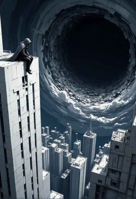 (night:1.2) ,masterpiece, illustration,fantasy, best quality,concept art, A white minimalistic soulless city that soars among the boundless emptiness of space. to the side, on the roof of a high-rise building, a dark silhouette in a gray cape and hood is sitting with his legs dangling. He watches as a huge ominous black hole engulfs a crumbling city. Strong gravity refracts light and causes debris to be sucked into the black hole. The scene is littered with the light of forgotten stars and serenity is read in the details.  <lora:Paintbrush:0.8>, Painterly, painting , <lora:Blade Runner style v1:0.7>, Blade Runner style ,  <lora:epic_vista:0.5>