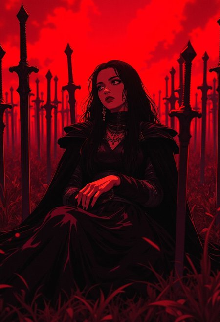 A gothic warrior with long black hair and a dark dress, reclining against a sea of swords planted in the ground. The red sky intensifies the dark mood, and her eyes are filled with a haunting calm. The swords glisten under the crimson light. (epic dark fantasy style).
ne0nfant4sy