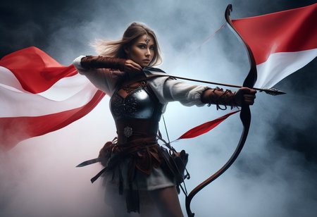 a beautiful polish archer jumping out of the white-red fog wrapped in the polish flag. in one hand she holds a royal scimitar sword, on her shoulder a pukler with an emblem, inkpunk style,thematic background, side light, rim lighting, studio lighting, ultra quality, sharp focus, film grain, Fujifilm XT3, highly detailed glossy eyes, high detailed skin, skin pores, winter, snowing,
dark fantasy, romantic,dynamic fighting pose,,natural pose, dark fantasy style, raw, uhd, dslr, em 80mm, dslr, hdr, , cinematic shot, dark fantasy, style,raw photo, glowing neon fog, dslr, raw, 16k UHD,
<lora:sdxl_lora_archer:0.9>  <lora:PerfectEyesXL:0.8> perfecteyes