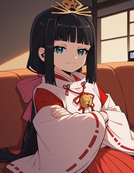 score_9, score_8_up, score_7_up, source_anime, <lora:nigewaka-shizuku-s1-ponyxl-lora-nochekaiser:1>, shizuku, long hair, bangs, blue eyes, black hair, blunt bangs,, japanese clothes, bell, miko, skirt, long sleeves, ribbon, wide sleeves, red ribbon, ribbon trim, hakama, hakama skirt, jingle bell, ribbon-trimmed sleeves, miko, red hakama,, living room, television, couch, popcorn, watching movie, night time, sitting,, , , crossed arms, smug, solo,, cowboy shot, dutch angle