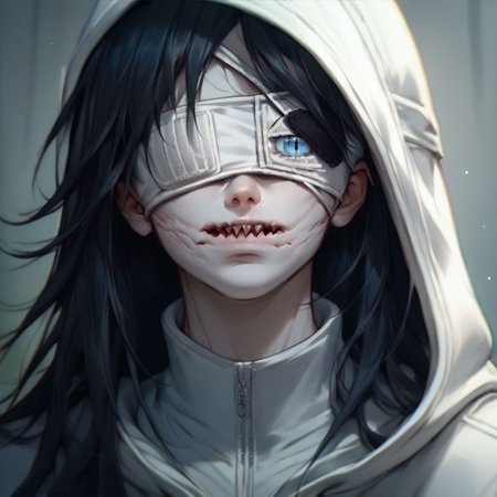 score_9, score_8_up, score_7_up, score_6_up, score_5_up, score_4_up, (pale white skin, eyebags, blue eyes, long black hair, slit mouth, white hoodie) soft colors, portrait , Jeff the killer