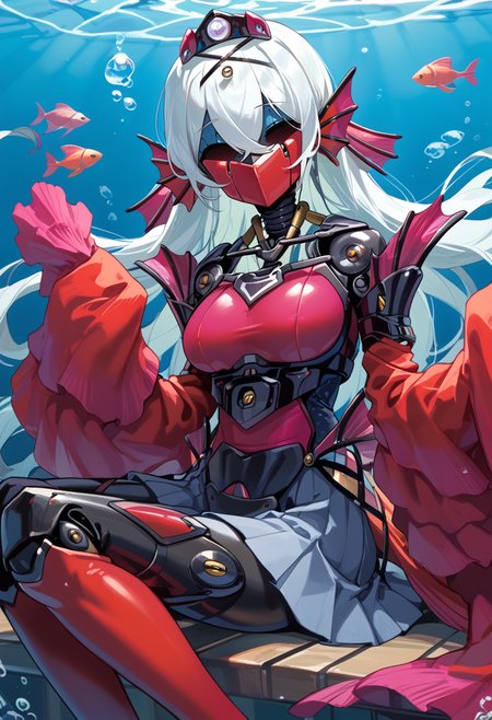 (score_9:0.9),score_8_up,score_7_up,rating_explicit,(zPDXL),(zPDXL3),
<lora:Tearlaments Kashtira PonyXL v1:0.77>,tearlaments kashtira,black tiara,red detached sleeves,red dress,1girl,solo,underwater,looking at viewer,red mask,science fiction,red calf fins,robot,mechanical mermaid,machinery,sleeves past wrists,black pleated skirt,no eyes,sitting