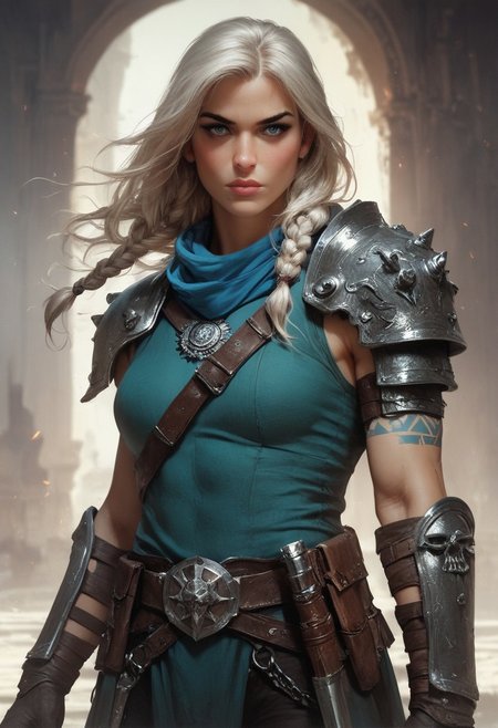 score_9, score_8_up, score_7_up, score_6_up, 1 woman, mercenary, rogue, fantasy, mature, gorgeous, extremely detailed, high quality, realistic, beautiful blue eyes, nordic outfit, slavic outfit, pagan outfit, black and silver cloak, thick blonde hair, long hair, braids, blue warpaint, blue tattoos, dark theme, low light, from hip up, ancient city background, (masterpiece, best quality, highly detailed, realistic),  muted color, closed mouth