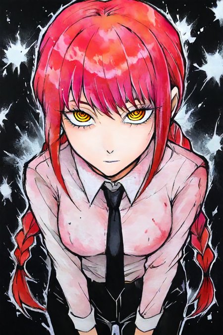 <lora:mak1ma0XL_Pony_v1:0.6> , mak1ma0, (makima:0.5), red hair, long hair, ringed eyes, braid, white collared shirt,black necktie, black pants, 1girl, solo, alone,   <lora:acrylic_painting_style_illustriousXL:1> , acrylic_paint_style,  paint splatter, masterpiece, highres