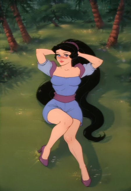 score_9_up, score_8_up, score_7_up, 1980s (style), retro artstyle, source_cartoon, rating_questionable 
HEASnowWhite, 1girl, black hair, long hair, very long hair, ponytail, hairband, blue eyes, red lips, lipstick, breasts, 
solo, full body, (lying on grass), on back, arms behind head, seductive smile, looking at viewer, naughty face, nose blush, forest, tree