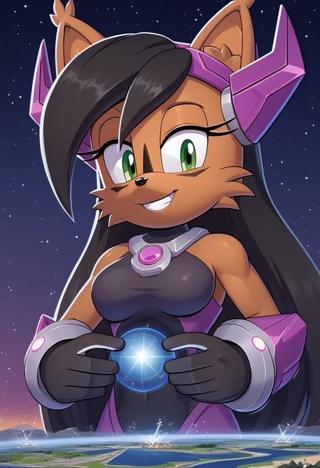 breasts, muscular body, ((smiling)), ((space)), (((macro looking at a tiny planet))), ((solo)), ((upper body)), galacta, evnstnly, Nicole the Lynx, brown fur, green eyes, black hair, black facial markings