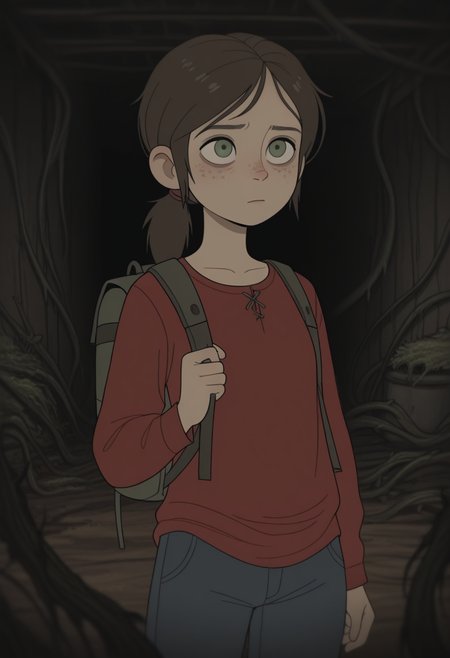 W411,   masterpiece, best quality, solo,                                                                                                                               ellie\(the last of us\), green eyes, ponytail, freckles, store, moss, vines, backpack,,  red shirt, aisles, dark,
