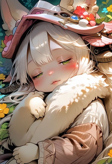 score_9, score_8_up, score_7_up, source_cartoon, 1girl, nanachi, \(made in abyss\)/,(ultra HD quality details), green eyes, white hair, furry, animal ears, tail, sidelocks, solo, adorable nanachi, sleeping on a flower, sleeping, (tiny size, sleeping:1.2), blushing, moaning, (puffy pants, helmet, long hair, ears through headwear:1.1), colorful detailed flower background, (detailed image, high resolution, 5k resolution:1.0), Expressiveh,