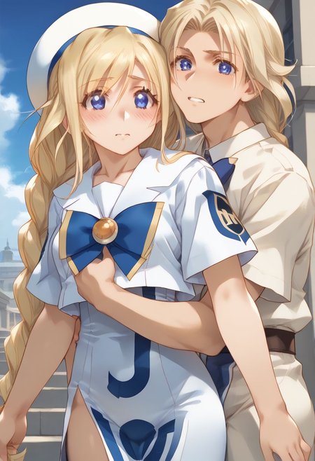 Expressiveh, source anime,
alicia,
blond hair, single braid, blue eyes, 
aria company uniform, beret, blouse, bowtie, brooch, sailor collar, short sleeves, long dress, dress, side slit,
embarrassed, blush, ass grab, grabbing her ass, looking down, looking back, public, street, surprised, spreading ass, deepgrab, deep skin, hand under clothes, 
BREAK
2boys, multiple boys, faceless man,
khyle.