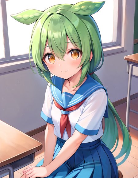 score_9, score_8_up, score_7_up, score_6_up, score_5_up, score_4_up, source_anime, rating:general,
 <lora:zundamon_ponyXL:1> 
1girl, solo, zundamon, green hair, long hair, yellow eyes, hair between eyes, school uniform, serafuku, classroom, small breasts, smile, :d, looking at viewer,