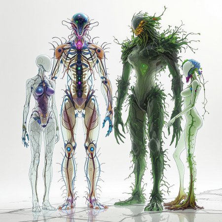 1 male protocell Humanoid, 1 female Obcells humanoid, 1 Protozoa Kaiju humanoid, and 1 fungi/Forest/elements/humanoid, the 4 are standing beside each other. 32k, 16k, 8k, masterpiece, Bioluminescence translucent body.