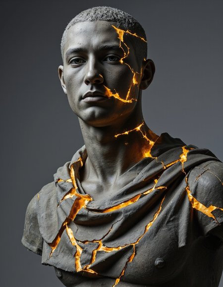 This striking digital artwork depicts a classical-style sculpture being transformed by an internal golden light that cracks and fractures its surface. The piece masterfully combines the dignified pose and detailed drapery of traditional sculpture with contemporary digital effects, creating a powerful metaphor for transformation or awakening. The contrast between the cool, white exterior and the warm, golden light breaking through creates a dramatic visual effect, while the upward-gazing pose adds a sense of transcendence to the overall composition.