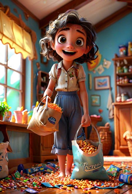 celluloid style, wave painting, american illustration, little girl holding a bag of snacks, with crumbs around her mouth, colorful watery eyes, happy, in the room, 3d, blender, oc, c4d
