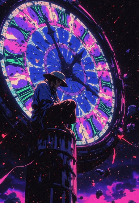 drkfnts style, ne0nfant4sy, wrcrftcnmtc,  Dark fantasy psychedelic landscape with a giant, floating clock suspended in the void of space, its face cracked and glowing with shifting, surreal patterns of deep purples, electric blues, and neon greens. A lone man sits silently on the clock's massive hour hand, his form silhouetted against the kaleidoscopic chaos. His head is tilted downward, a wide, worn hat obscuring his face, exuding mystery and detachment. Dressed in traditional Vietnamese farmer clothes, his presence contrasts sharply with the vibrant, otherworldly backdrop. A curved sword rests at his hip, glinting faintly in the surreal glow. The air is filled with swirling, chaotic light trails, and the shattered remnants of stars float aimlessly, creating a schizophrenic, dreamlike atmosphere of madness and beauty.
dark fantasy<lora:sxz-Dark-Fantasy-v2-Flux:1>,<lora:NeonFantasyFLUX:1>,