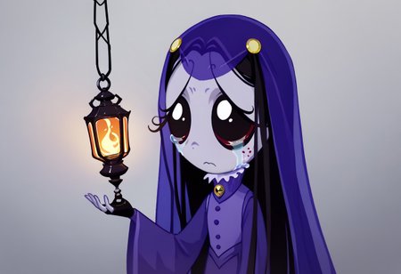 score_9, score_8_up, score_7_up BREA, MiseryRG, 1girl, black hair, black eyes, pale purple skin, tears trail, purple veil, yellow sunflower-shaped hairclips, white-collared purple buttoned dress, long purple sleeves, green spider neck cameo, wired shepherd crook with skull lantern, fingerless black gloves,