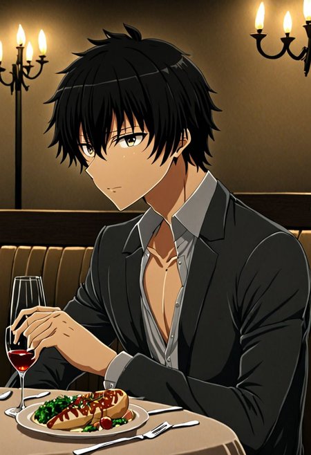 high resolution, solo, best quality, 1Boy, Seiya Kanie, black hair, short hair, thin, dating, romantic, dinner, OverallDetail