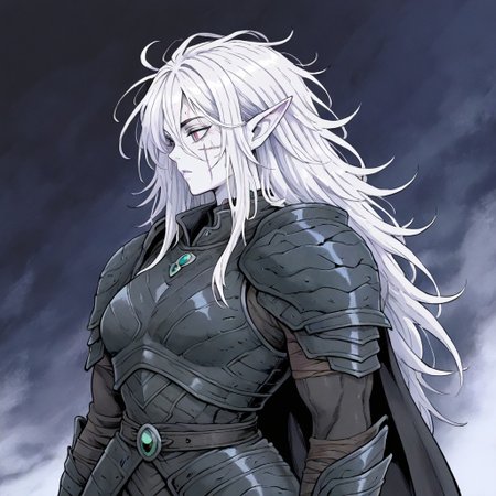 masterpiece, best quality, newest, absurdres, highres, 
Migamiga-Style-V1.0,
1girl, pale, white skin, colored skin, pale skin, elf, pointy ears, muscular woman, armor, cape, leather armor, scar, scars on face, white hair, long hair, messy hair, black armor, black leather,